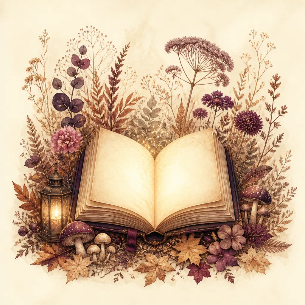 Illustrated open book surrounded by botanical fantasy elements in warm parchment tones